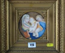 Late 19th Century circular religious painting on panel featuring a lady and two children in
