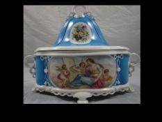 An exceptionally fine powder blue ground and white Swansea covered vase or casket, the base of