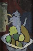 UNKNOWN oil on board; still life with coffeepot and fruit, indistinctly signed, 14.5 x 9.5 ins (37 x