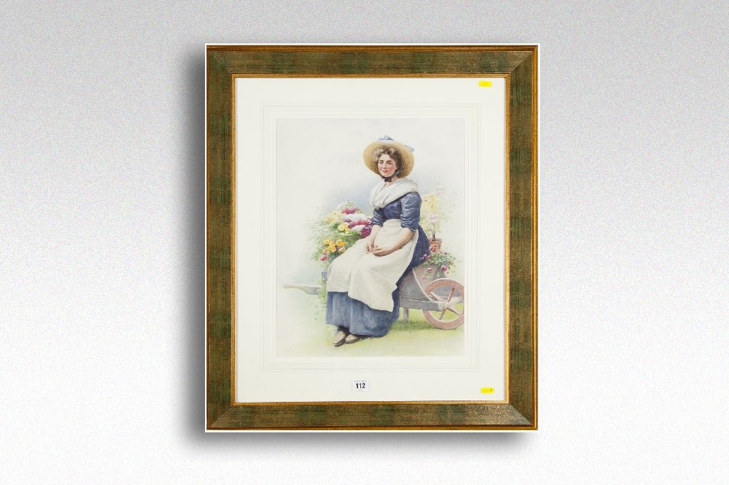 HENRY TRAVERS watercolour; bonneted flower selling lady seated on a wheelbarrow, signed, 18.5 x 13.