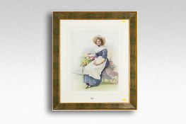 HENRY TRAVERS watercolour; bonneted flower selling lady seated on a wheelbarrow, signed, 18.5 x 13.