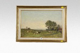 C HOUSTON oil on canvas; pastoral scene with cattle and sheep, signed, 13.25 x 20.5 ins (34 x 52