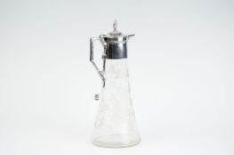 A leaf etched tapering claret jug with electroplated hinged lid, collar and handle, 12 ins (31