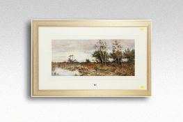 A F LODGE watercolour; heathland scene with drover and sheep, signed, 10.5 x 24 ins (27 x 61 cms).