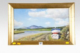 W ROBERTS oil on board; North Wales river scene with boats entitled `Afon Dwyfor`, signed, 11 x 18.5