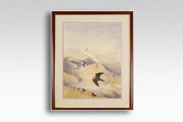 PHILLIP SNOW watercolour; entitled `Adult and Juvenile Peregrines - Snowdon from the South` and