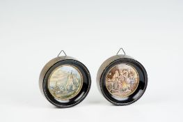 A pair of framed Prattware pot lids - 1) `A Letter from the Diggings` and 2) Humorous figures and