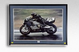 After V R WILLIAMSON coloured print; the racing motorcyclist Ron Haslam (Rocket Ron), 18 x 28 ins (
