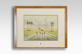 MALAYSIAN SCHOOL watercolour; workers in paddy fields with mountain backdrop, 9.25 x 12.5 ins (23