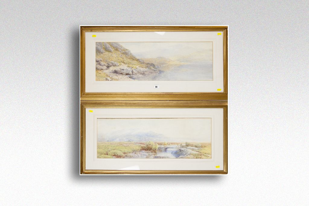 HARRY HIME watercolours (a pair); lake scene and heathland scene with bridge over a river and