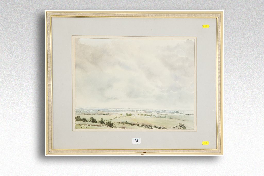 H LESLIE ADAMSON ARCA watercolour; expansive landscape, signed with initials and with original