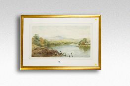 Attributed to CHARLES L SAUNDERS watercolour; riverscape with man and a punt, 15.5 x 29 ins (40 x 74