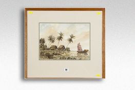 MALAYSIAN SCHOOL watercolour; hutted coastal village with sailing boat, indistinctly signed