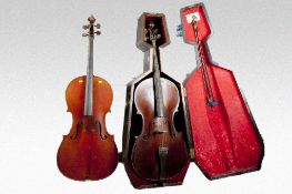 A cello requiring restoration; and a wooden cased cello and two bows, the interior of the case