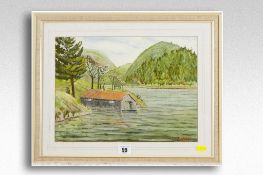 H LESLIE ADAMSON ARCA pastel; boathouse on Llyn Bala, signed with initials, 10 x 14 ins (26 x 36