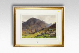 COSENS WAY watercolour; mountainscape with sheep in the valley, signed, 14 x 21 ins (36 x 53 cms).