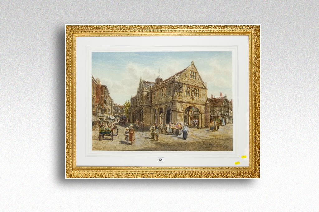 THOMAS GREENHALGH watercolour; early Shrewsbury Market place scene with numerous figures, signed,