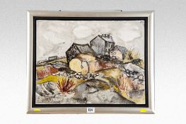 GWILYM PRITCHARD oil on board; buildings in a landscape entitled verso `Cottages & Stones II` (