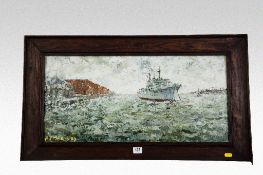ALAN MACKAY oil on board; warship sailing down the Mersey, signed and dated 2003, 12.5 x 26.25