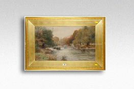 ARTHUR NETHERWOOD watercolour; Welsh river scene, signed, 14.5 x 25.5 ins (37 x 65 cms).