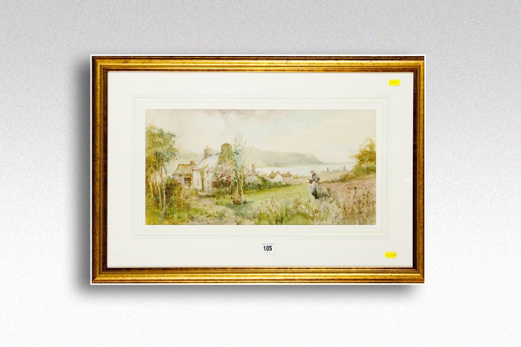 JOSEPH HUGHES CLAYTON watercolour; cottages by the Conwy River with figure in a meadow, signed and