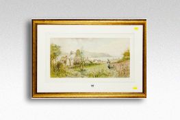 JOSEPH HUGHES CLAYTON watercolour; cottages by the Conwy River with figure in a meadow, signed and