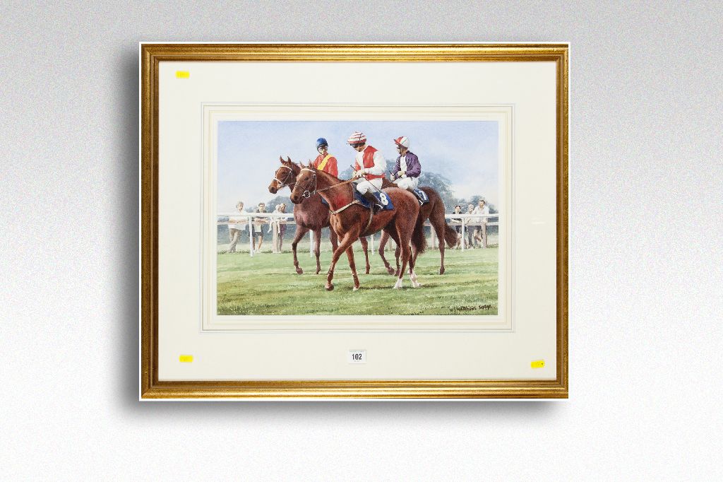 W S MATTHEWS watercolour; three jockeys at the start, signed and dated September `94, 13.75 x 19.