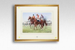 W S MATTHEWS watercolour; three jockeys at the start, signed and dated September `94, 13.75 x 19.