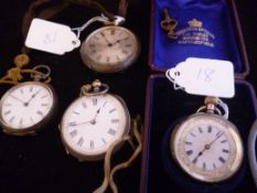 Four silver encased bright cut lady`s fob watches.