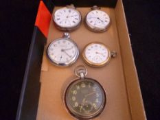 A white and yellow metal Omega pocket watch number 6095482; two silver encased pocket watches; and