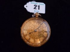 An eighteen carat gold encased key wind fob or pocket watch with bright cut floral and scrolled