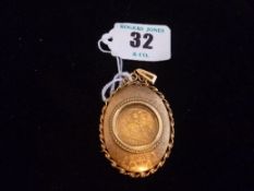 A gold half sovereign, 1907 in an oval yellow metal pendant mount with yellow metal chain.