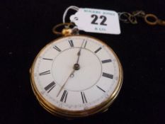An eighteen carat gold encased gent`s key wind pocket watch, white enamel dial, Roman numerals,