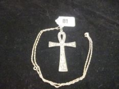 A 925 native style cross pendant with fine link neck chain, total 23 grms (0.75 ozs).