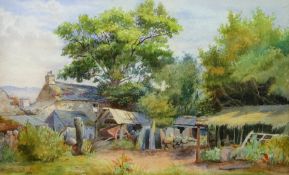 ARTHUR NETHERWOOD watercolour; farmstead, signed and dated 1889, 11 x 18 ins (28 x 46 cms)
