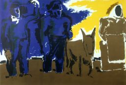 JOSEF HERMAN limited edition (64/70) coloured print; three figures and a donkey, signed fully in