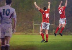 ANDREW QUELCH acrylic; two Welsh Rugby Union players celebrating as an England player looks on,