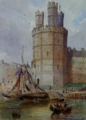 CHARLES W FOTHERGILL watercolour; Caernarfon dock and the castle’s Eagle Tower with boatmen,