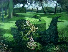JOHN ELWYN acrylic; lush green garden landscape, entitled verso ‘The Paddock Bird’, 15.5 x 27 ins (