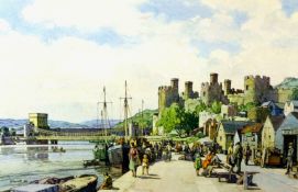 LEONARD R SQUIRRELL coloured lithograph print; busy Conwy Harbour circa 1954, entitled ‘Conway’,