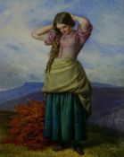 JOHN DAWSON WATSON watercolour; full portrait of a standing peasant girl having gathered bracken