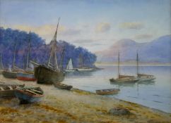 WARREN WILLIAMS ARCA watercolour; Conwy shore with boats, signed 10.5 x 14.5 ins (27 x 37 cms)
