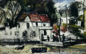 JOHN KNAPP-FISHER mixed media; harbour-side inn with figures and boats (possibly Solva,
