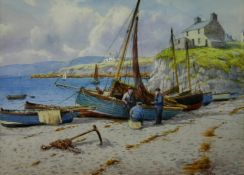 WARREN WILLIAMS ARCA watercolour; Anglesey coastal scene with fishing boats, three fishermen in