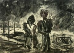 JOSEF HERMAN charcoal; entitled on Ffin y Parc Gallery label verso, ‘Two Figures, c.1950’, 8 x 11