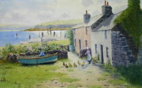 WARREN WILLIAMS ARCA watercolour; seaside cottages at Cemaes Bay with figure in a boat and lady