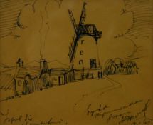HARRY HUGHES WILLIAMS pen and ink sketch on yellow paper; Anglesey scene with windmill, inscribed in