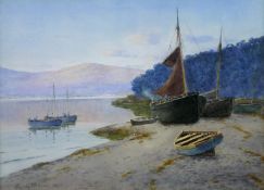 WARREN WILLIAMS ARCA watercolour; Conwy estuary with boats and with Glan Conwy shore in the
