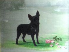 MAUD EARL; Oil on canvas - study of a miniature Pinscher cross terrier dog in a garden landscape,