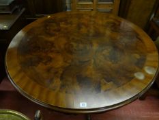A Victorian style breakfast table with burr walnut oyster veneered circular top and four cabriole